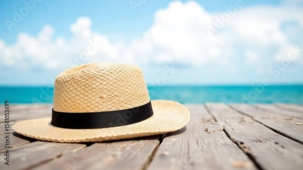 Obraz Beige straw hat rests on weathered wooden planks by the ocean.