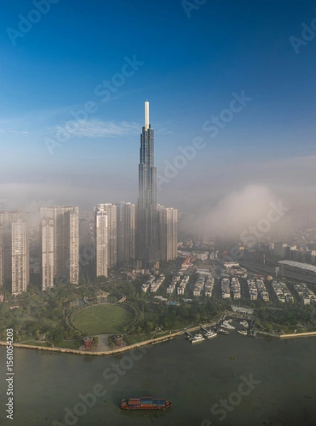 Fototapeta View of Landmark Building and Saigon River sunny in morning fog Vertical video.