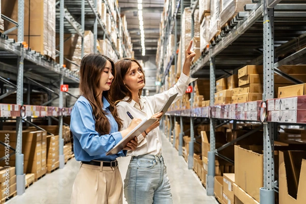 Obraz Two young asian women share insights and strategies while inspecting numerous packages and boxes engage in lively discussion while navigating a bustling warehouse filled with packages