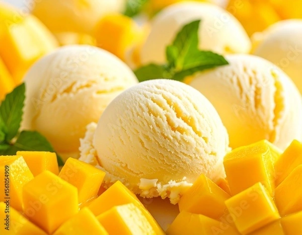 Obraz 상큼한 망고 아이스크림 볼의 클로즈업 디저트 이미지 Close-up dessert image of a refreshing mango ice cream ball
