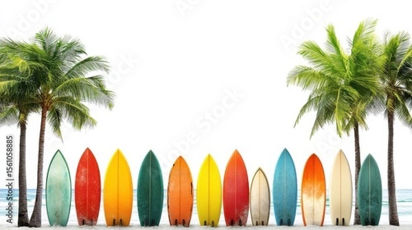 Fototapeta Colorful Surfboards Lined Up Against Palm Trees on Beach