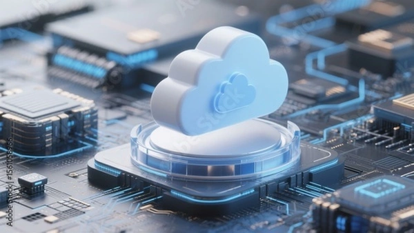 Fototapeta Cloud Computing Technology: Futuristic 3D Render of Cloud Icon on Advanced Circuit Board, Digital Infrastructure
