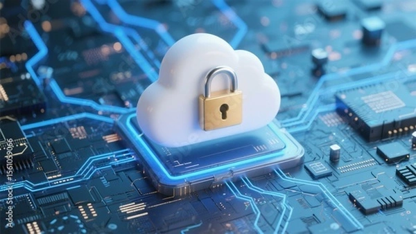Fototapeta Secure Cloud Computing Data Protection: 3D Render of Padlocked Cloud on Circuit Board