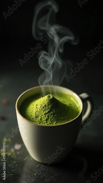 Obraz A steaming cup of matcha tea with a mound of powder on a dark background