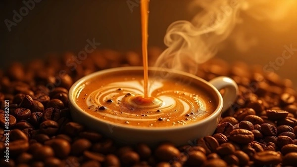 Obraz Pouring coffee into a cup surrounded by coffee beans with steam rising up