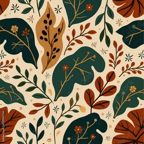 Obraz Seamless pattern with leaves and flowers in earthy tones on a light background