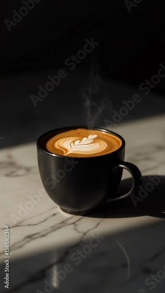Obraz A black mug with latte art on a marble surface in a dimly lit environment