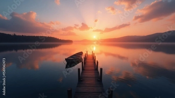 Obraz Sunset over a calm lake with a boat and a wooden pier in the foreground