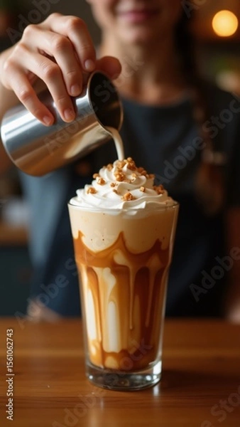 Obraz Pouring milk into a caramel frappe with whipped cream and caramel drizzle