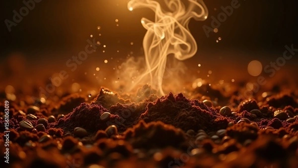 Obraz Close up of coffee beans and ground with rising smoke in warm lighting