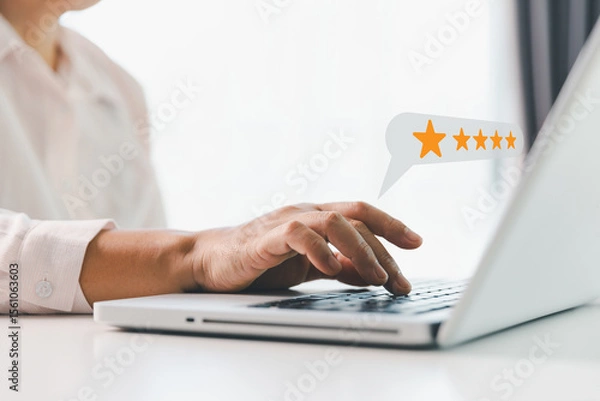 Fototapeta Customer or client with stars to complete five stars. Product or service review ideas from customer, reviews from customer and service of store to express satisfaction, increase credibility of store.