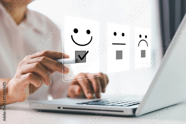 Fototapeta Customer service evaluation concept. Client feedback from marketing survey excellent service and quality satisfaction, customers can evaluate quality of service leading to business reputation rating.