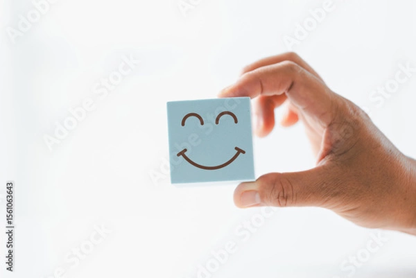 Fototapeta Client show feedback, smiley face sign. Service rating, satisfaction concept. happy smile face, good feedback rating, positive customer review, experience, satisfaction survey, smiley mental health.