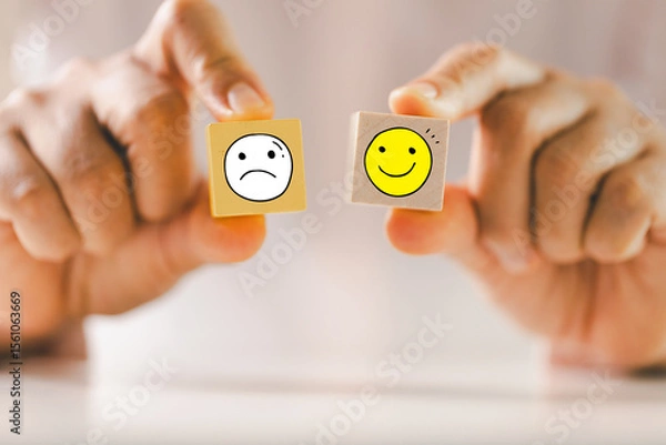 Fototapeta Customer showing rating with happy icon, Customer satisfaction survey concept, Positive feedback from happy client satisfaction with quality of service, marketing surveys, ratings, review, copy space