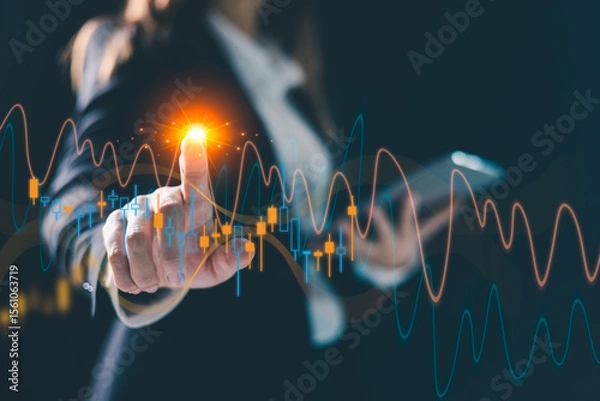 Fototapeta Trader analyzing data on virtual screen. Business strategy development and growing growth plan. risk management for business success, finance and investment. Finance, business, investment concept.