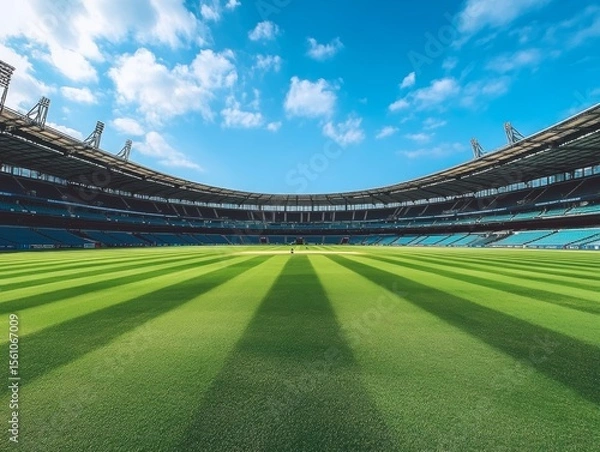 Fototapeta panoramic view of an empty cricket stadium with the pitch - ai
