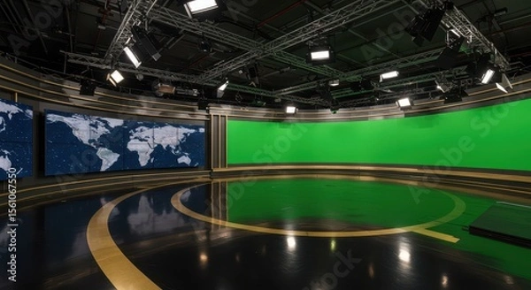 Obraz A wide-angle cinematic shot of a high-tech broadcast news studio. The studio features a large green screen wall on the right side and multiple digital world map screens on the left. Polished reflectiv