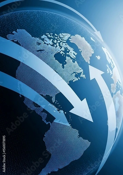 Fototapeta Global business strategy depicted by world map with arrows indicating growth and expansion
