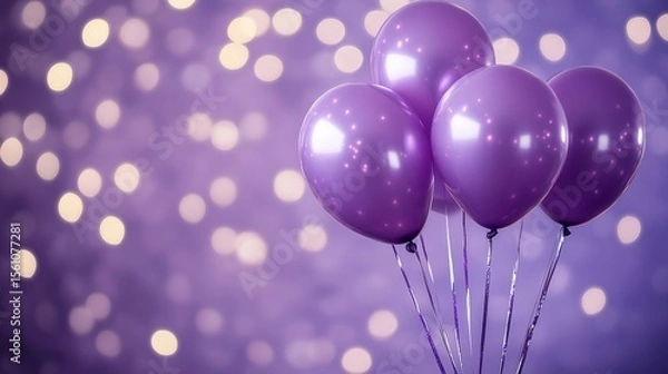Fototapeta purple balloons on a purple background with lights soft and shiny purple balloons background party - ai