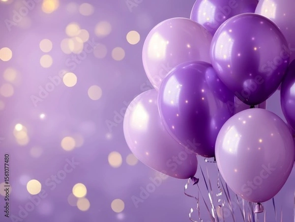 Fototapeta purple balloons on a purple background with lights soft and shiny purple balloons background party - ai