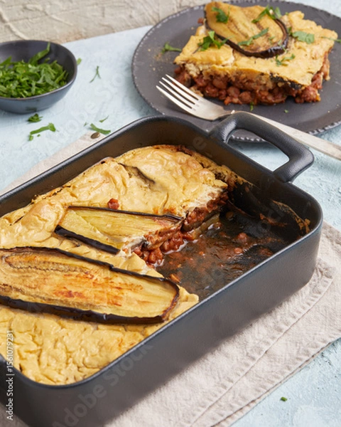 Fototapeta Gratinated lupin moussaka – plant-based casserole