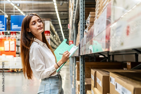 Obraz Focused on her task, a young woman holding clipboard meticulously updates inventory records while surrounded by shelves filled with various products in a vibrant warehouse setting