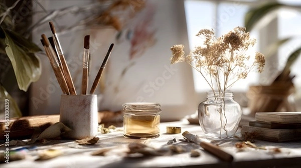 Fototapeta artisan workspace with paintbrushes, water jar, and unfinished canvas, photorealistic