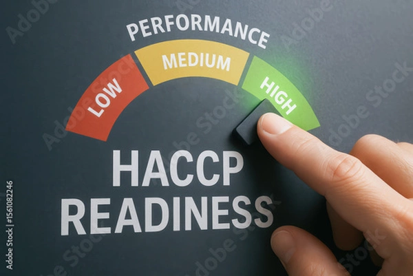 Fototapeta HACCP hazard analysis critical control point readiness concept with hand adjusting performance dial from low to high for safety and quality control