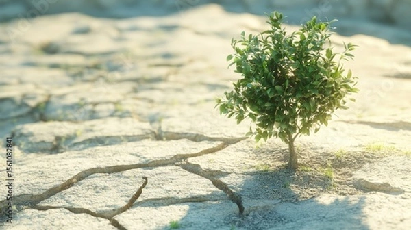 Fototapeta small green tree growing in dry sandy terrain with cracks on sunny day - ai