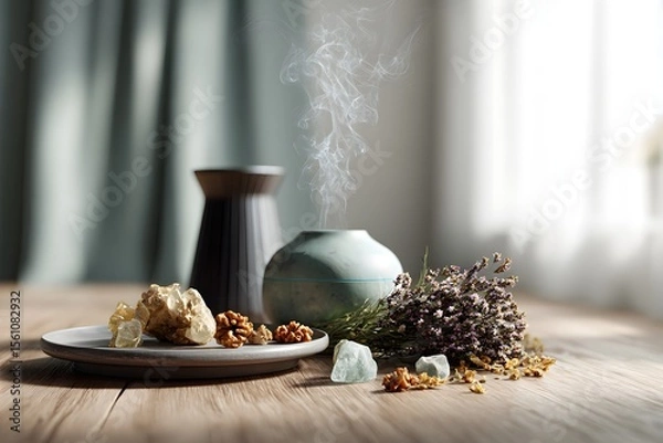 Fototapeta soft focus room with diffuser, crystals, and dried herbs on wood table, photorealistic