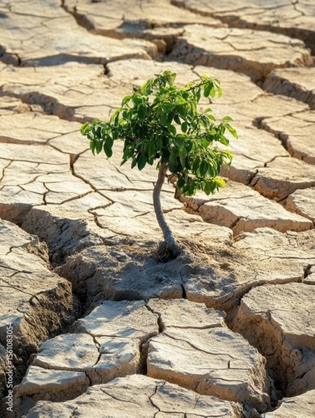 Fototapeta small green tree growing in dry sandy terrain with cracks on sunny day - ai