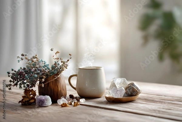 Fototapeta soft focus room with diffuser, crystals, and dried herbs on wood table, photorealistic