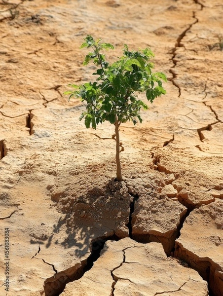 Fototapeta small green tree growing in dry sandy terrain with cracks on sunny day - ai
