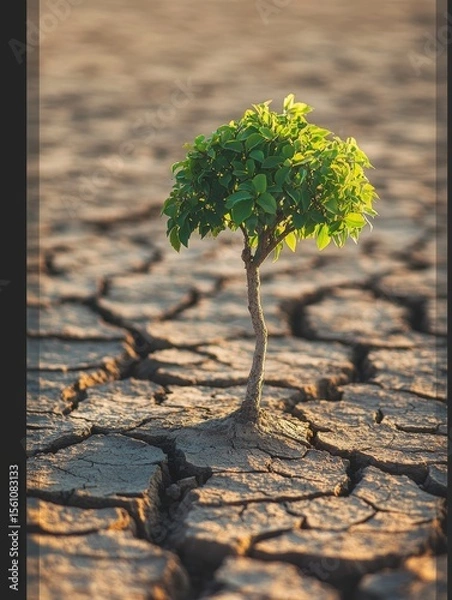 Fototapeta small green tree growing in dry sandy terrain with cracks on sunny day - ai