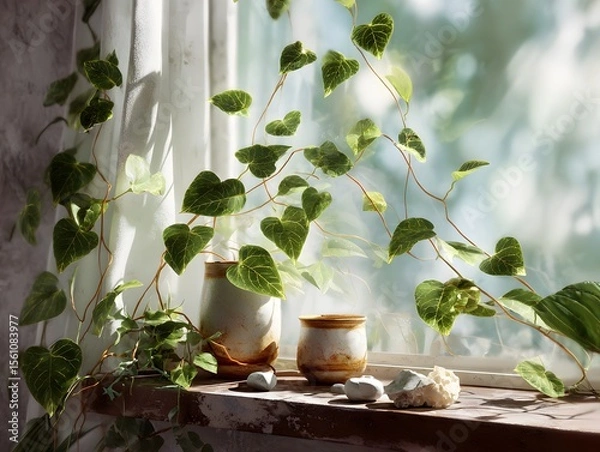 Fototapeta urban jungle windowsill with climbing vines and ceramic pots, photorealistic