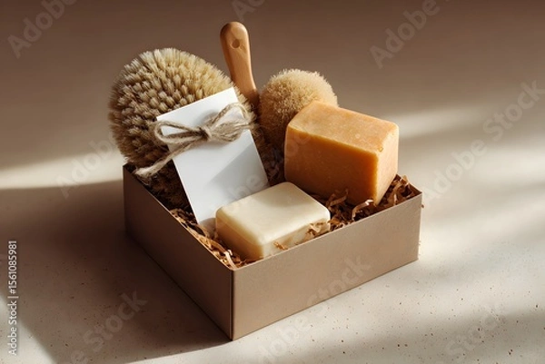 Fototapeta eco gift set with soaps, brush, and note card in kraft box, photorealistic, soft light and shadows