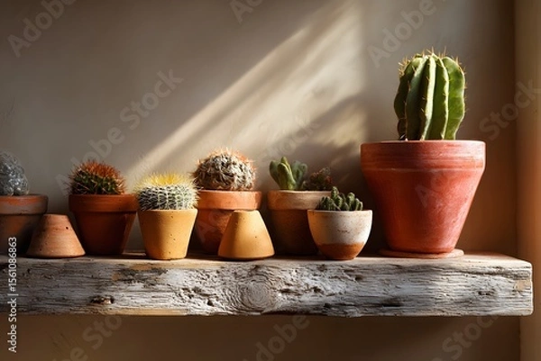 Fototapeta terracotta pot collection on reclaimed shelf with cactus, photorealistic, desert tones