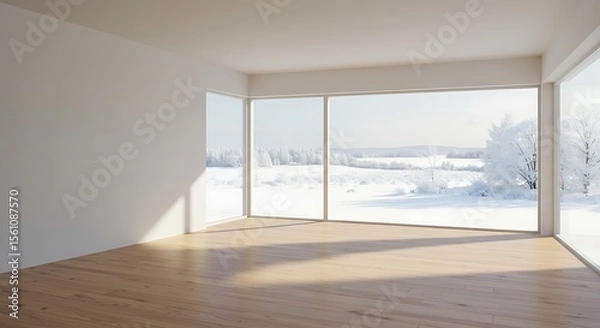Fototapeta Empty room with snow scene background, There are white wall, wooden floor and ceiling.There are big windows look out to see nature view.