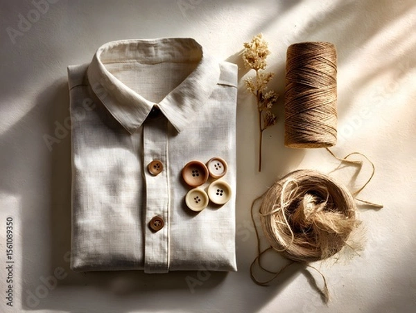 Fototapeta sustainable fashion flatlay with folded linen, buttons, and natural twine, photorealistic