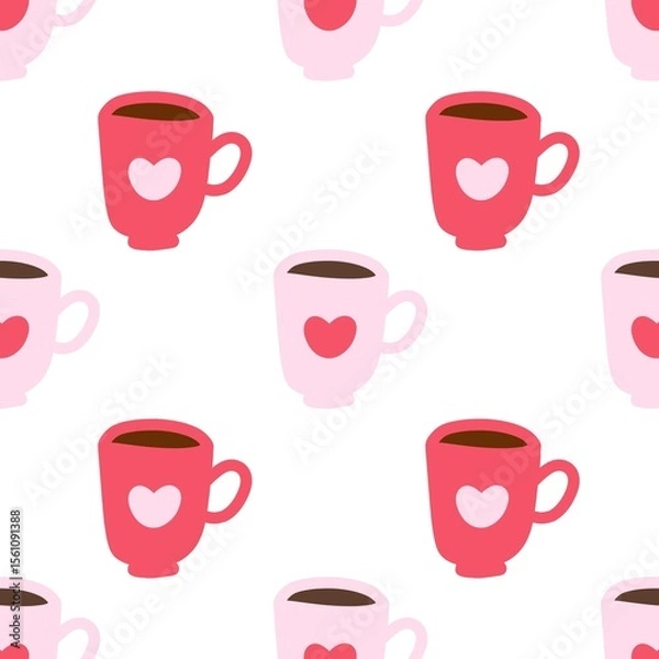 Fototapeta Pink seamless pattern featuring cute mugs with white hearts on a white background. Perfect for romantic, cozy, or Valentine's Day themes.