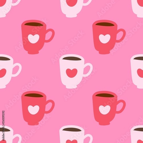 Fototapeta Pink seamless pattern featuring cute mugs with white hearts on a vibrant pink background. Perfect for romantic, cozy, or Valentine's Day themes.