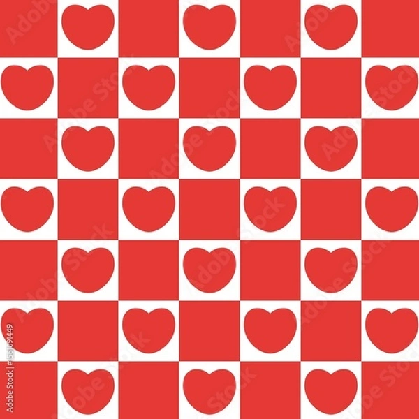 Fototapeta Checkerboard seamless Pattern with valentine heart symbols. Cute design with hearts for textile, print, fabrics, wrapping paper and background.