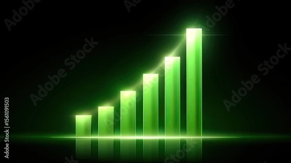 Fototapeta Digital bar chart rising with glowing green light on dark background, futuristic growth concept