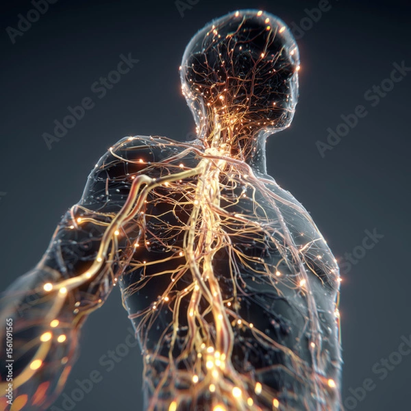 Fototapeta Glowing neural network with root-like branches extending into a detailed human silhouette, revealing intricate biological connections between brain pathways and bodily systems