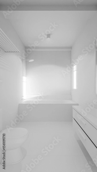 Fototapeta Modern bathroom featuring a marble bathtub, wall-mounted shower, sleek sink with vanity, large mirror, and ambient natural light through a window. Minimalist design with dark tile accents.