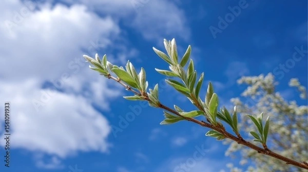 Fototapeta Fresh buds opening on a tree branch against a soft blue sky with fluffy clouds, symbolizing the start of spring