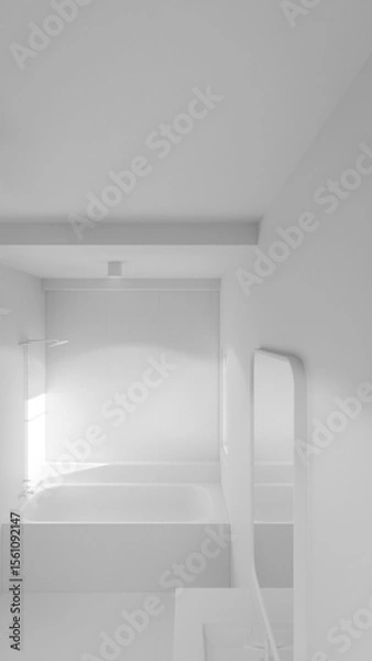 Fototapeta Modern bathroom featuring a marble bathtub, wall-mounted shower, sleek sink with vanity, large mirror, and ambient natural light through a window. Minimalist design with dark tile accents.
