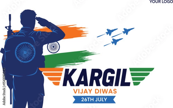 Fototapeta A kargil vijay diwas graphic with a soldier saluting and fighter jets against indian flag colors