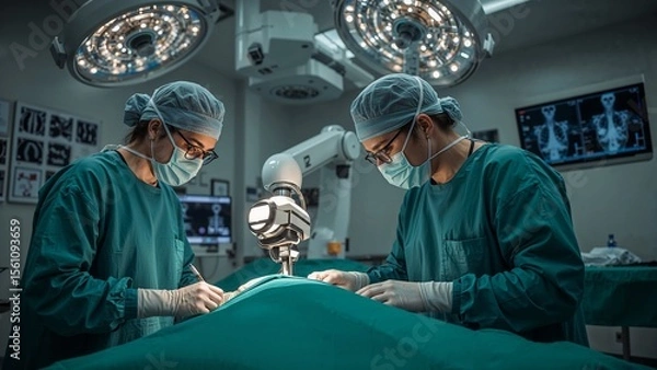 Fototapeta Surgeons perform a complex robotic surgery procedure in a sterile operating room under bright lights for a medical breakthrough.