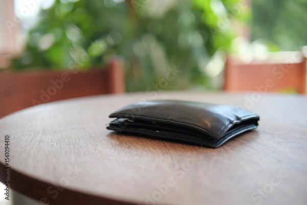 Fototapeta Black wallet resting on wooden table in bright cafe